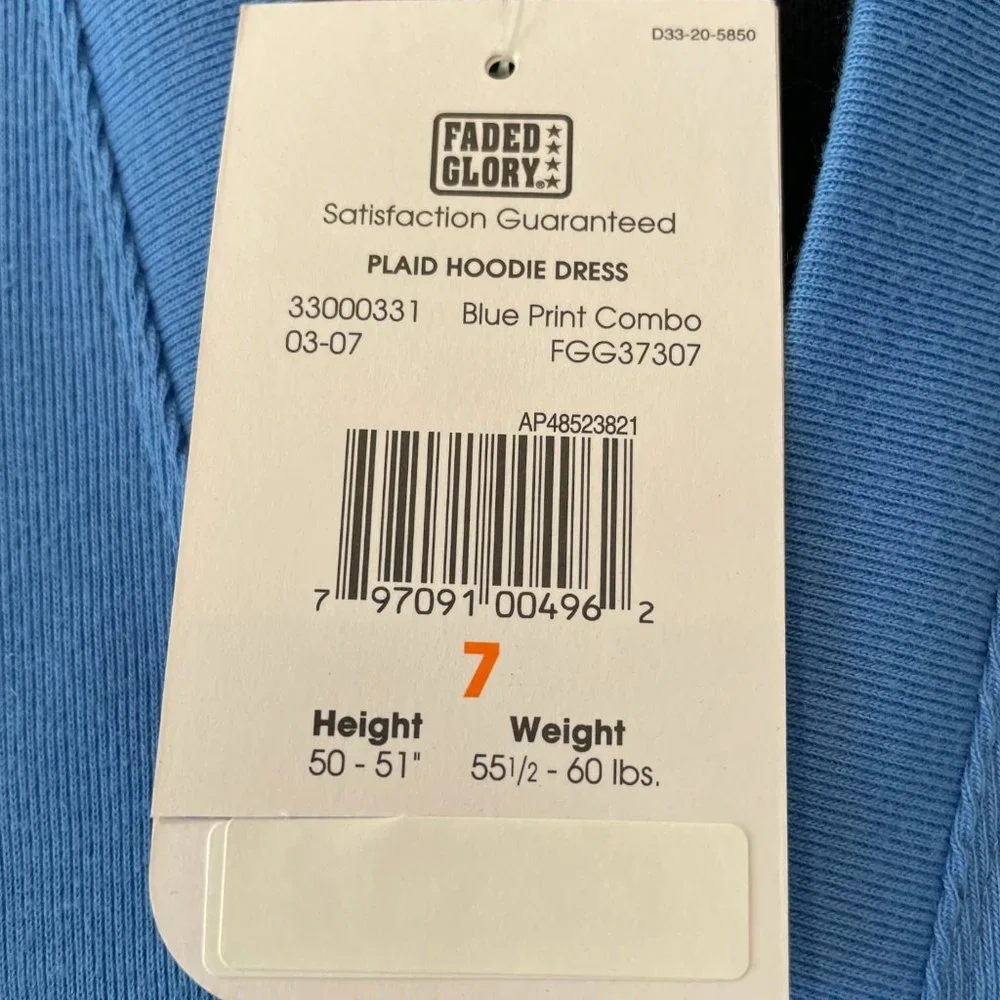 Faded Glory Originals Girls Blue Hoodie Plaid Short Sleeve Dress Size 7 NWT